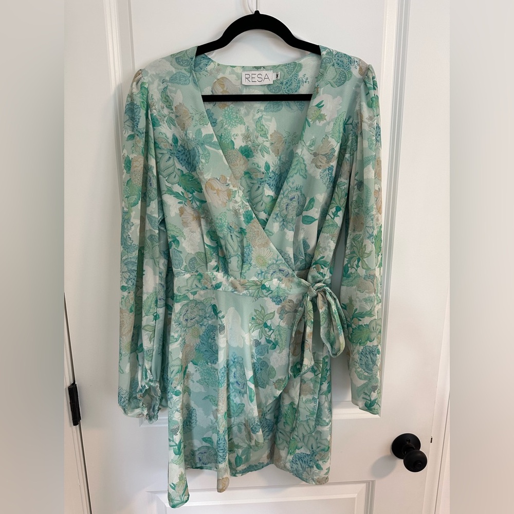 RESA Floral Wrap Dress in Green and Cream